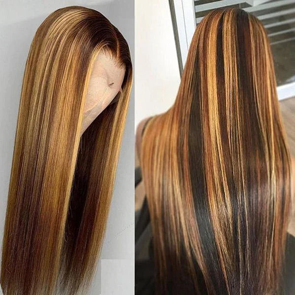 Honey Blonde Human Hair Wigs P4/27 Highlight 13*4 , 4*4 glueless Wigs pre cut, pre bleached Straight 210%