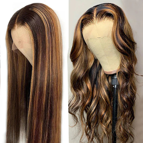 Honey Blonde Human Hair Wigs P4/27 Highlight 13*4 , 4*4 glueless Wigs pre cut, pre bleached Straight 210%