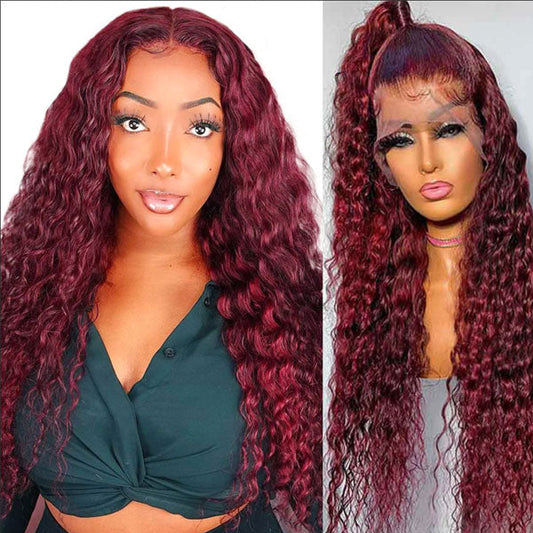 Happiness hair 13*4 Deep Wave 99J Wig Frontal Wigs Human Hair pre cut, pre bleached knots